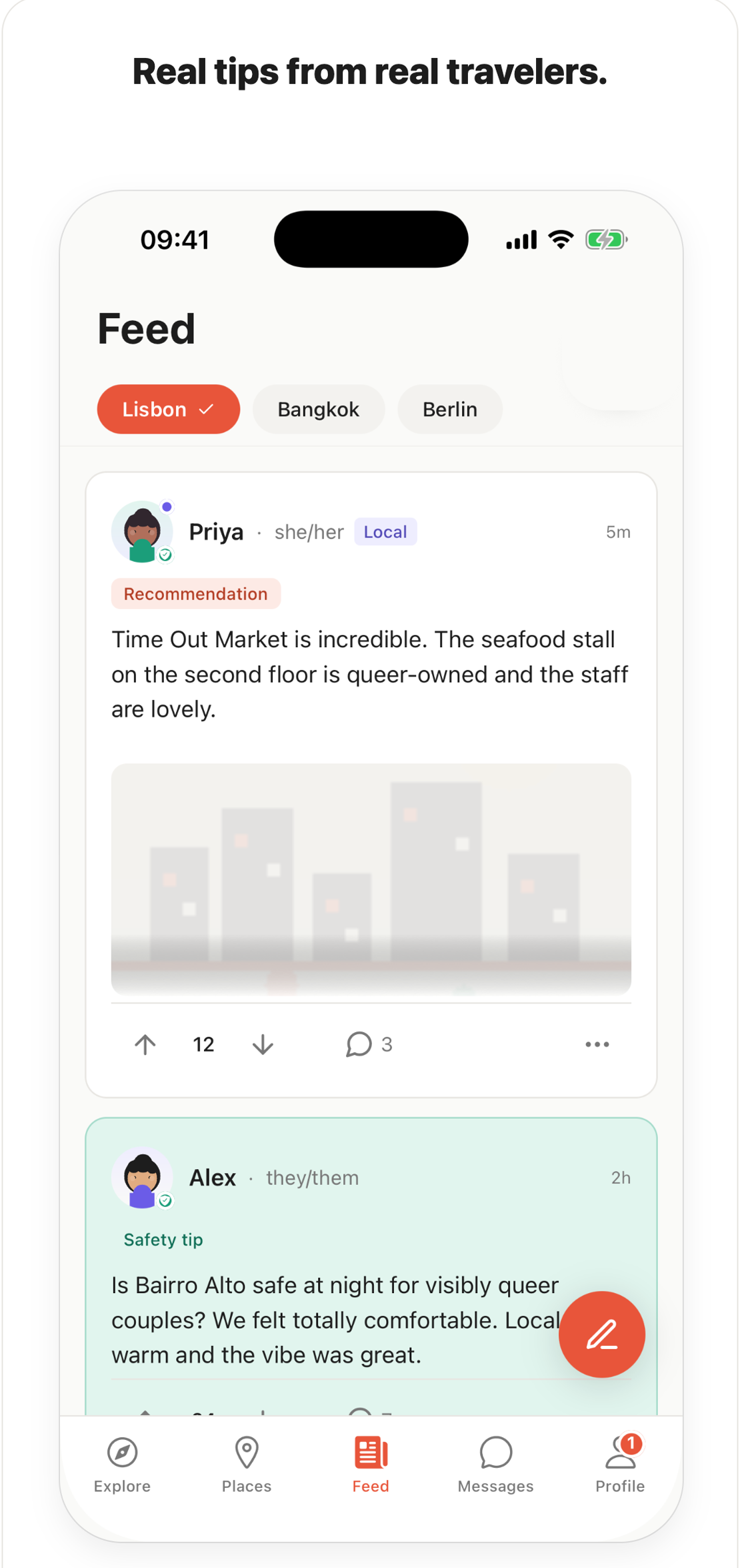 Wanderkin city feed showing local posts and recommendations