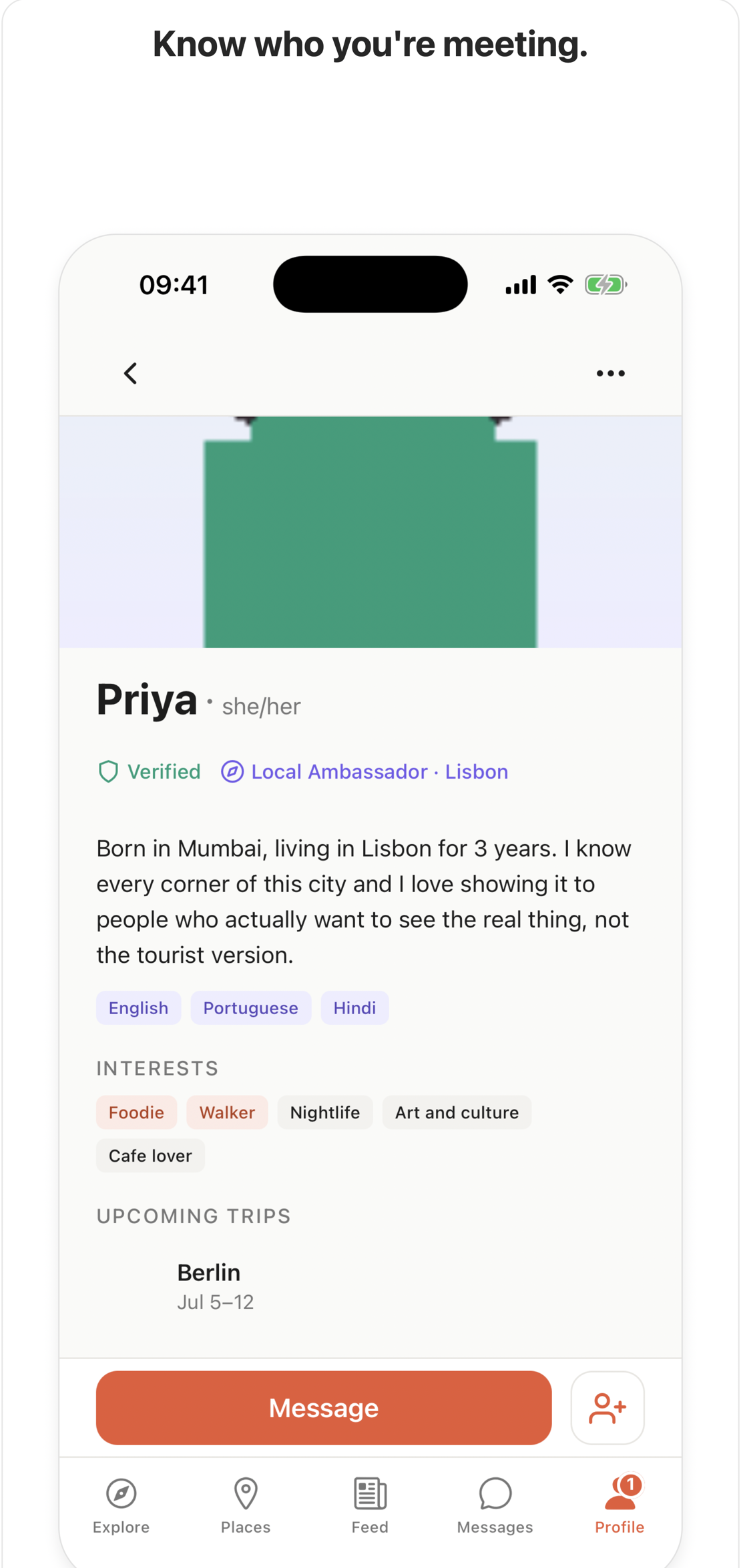 Wanderkin profile screen showing a verified member profile