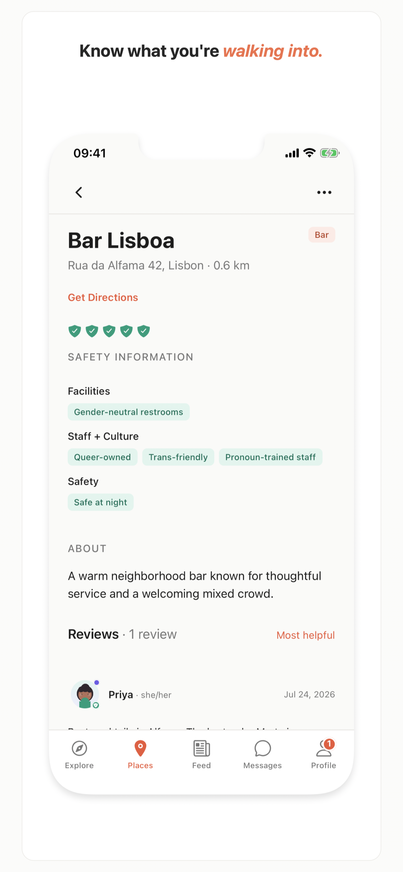 Wanderkin queer-friendly place listing showing community safety information