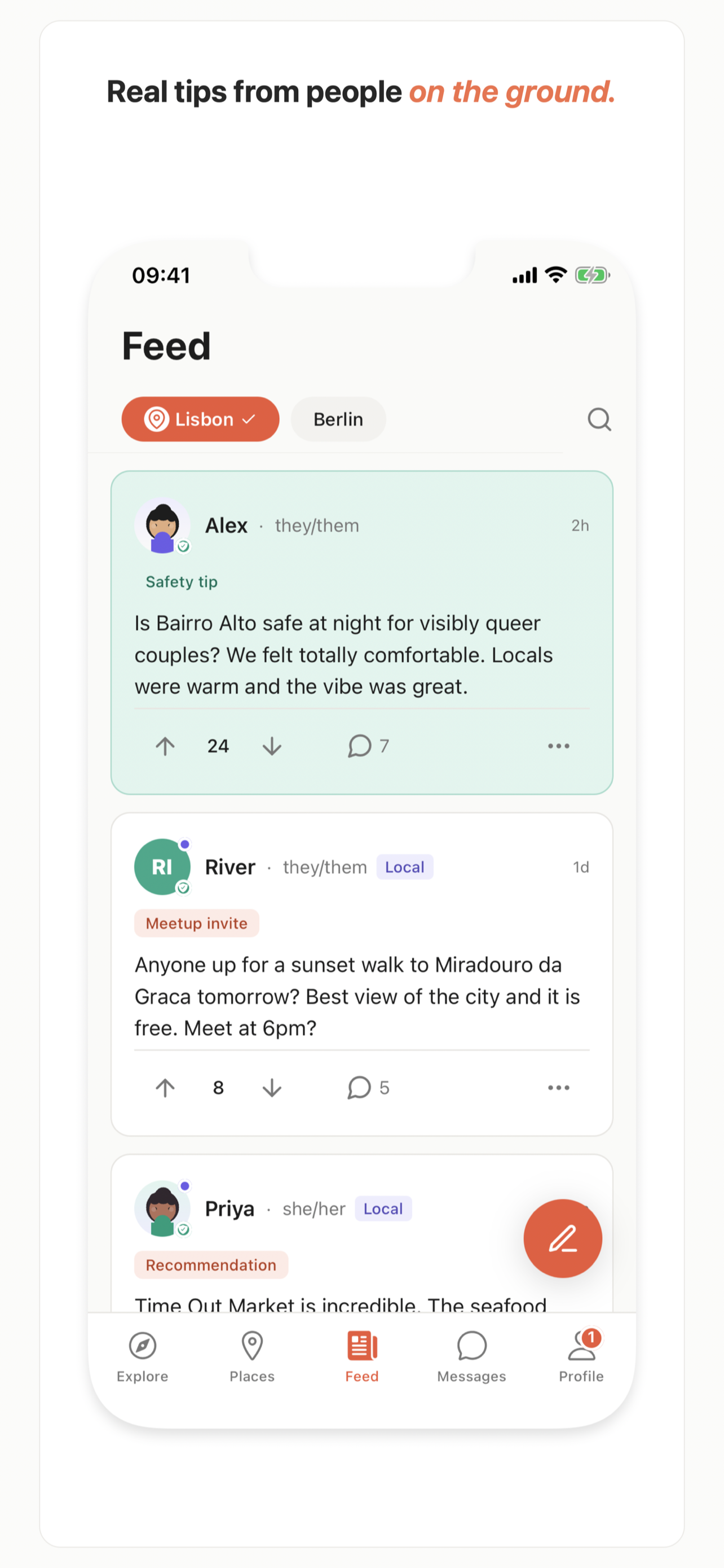 Wanderkin city feed showing a safety note, meetup invite, and recommendation